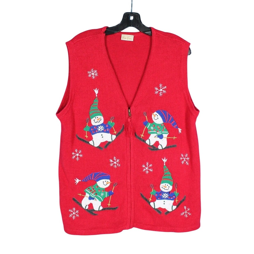 VTG BOBBIE BROOKS Red HOLIDAY/CHRISTMAS SNOWMAN Zip KNIT SWEATER/VEST Sz M